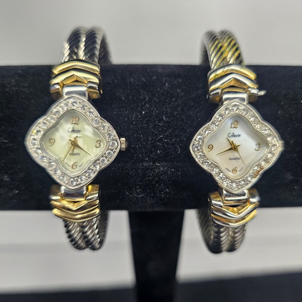 Two COLLEZIO Women's 25mm Twisted Cuff Band Crystal Vintage WATCH As Is Lot of 2